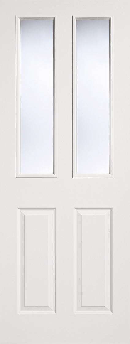 4 Panel moulded internal door. Primed white textured finish, Clear glass.