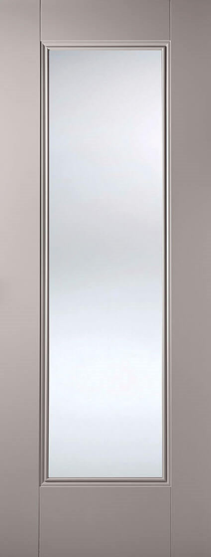 Eindhoven grey primed internal door with clear glass.