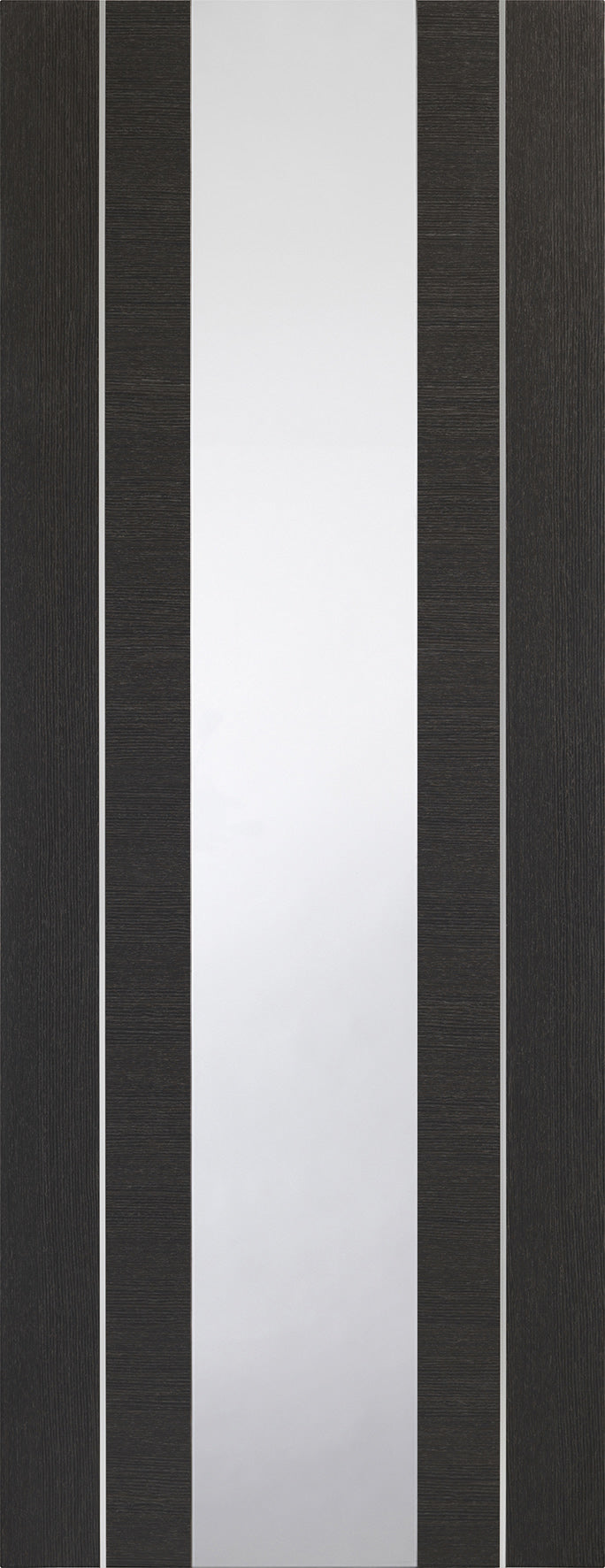 Forli dark grey Internal  door with aluminium inlays and clear glass.