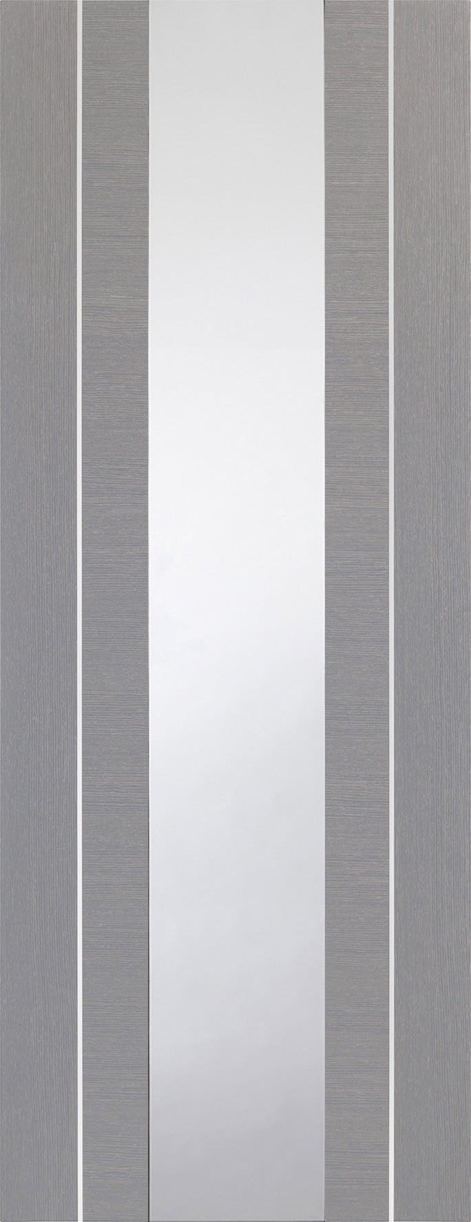 Forli light grey door with aluminium inlays and clear glass..  
