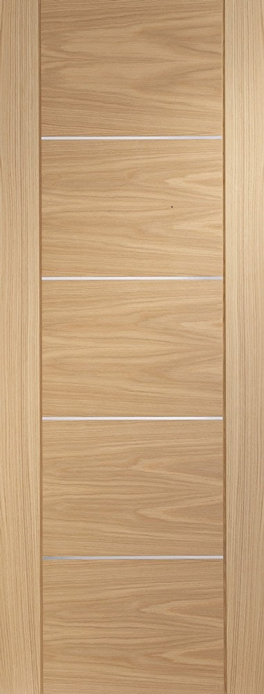 Portici prefinished oak internal door with aluminium inlays.