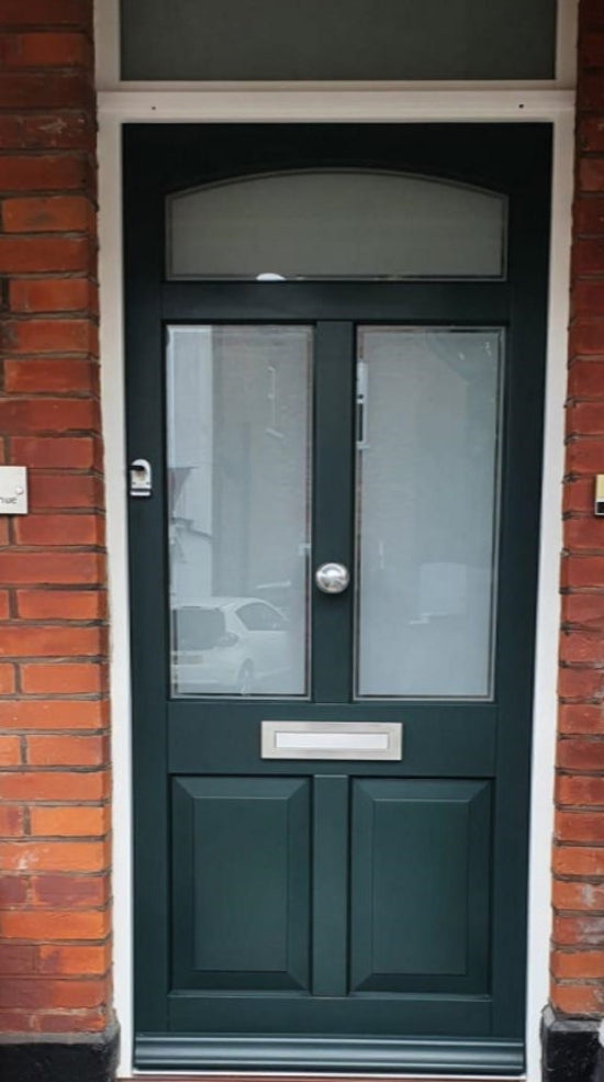 Bespoke timber front door with satin glass and top light - supply & fit North London, NW London, Middlesex, Herts & Essex