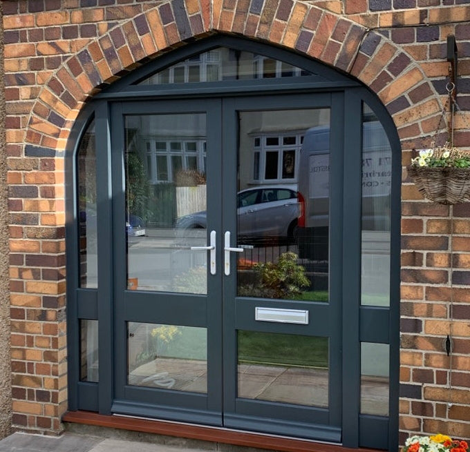 Bespoke timber French front doors clear glazed with arched frame — supply & fit North London, NW London, Middlesex, Herts & Essex