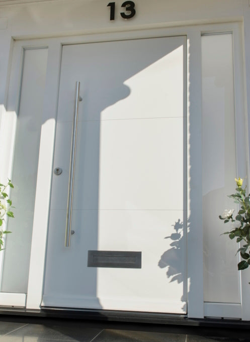 Bespoke timber modern front door with 2 glazed sidelights — supply & fit North London, NW London, Middlesex, Herts & Essex