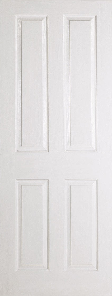 4 Panel white primed moulded internal door, textured finish.
