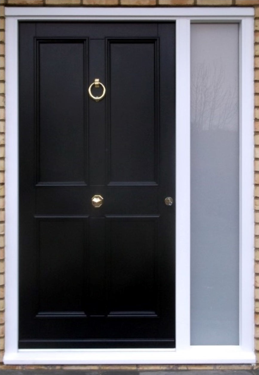 Bespoke timber 4 panel jet black door with white glass sidelight and frame — supply & fit North London, NW London, Middlesex, Herts & Essex