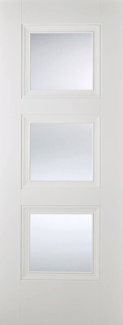 Amsterdam primed white, clear glass preglazed internal door.