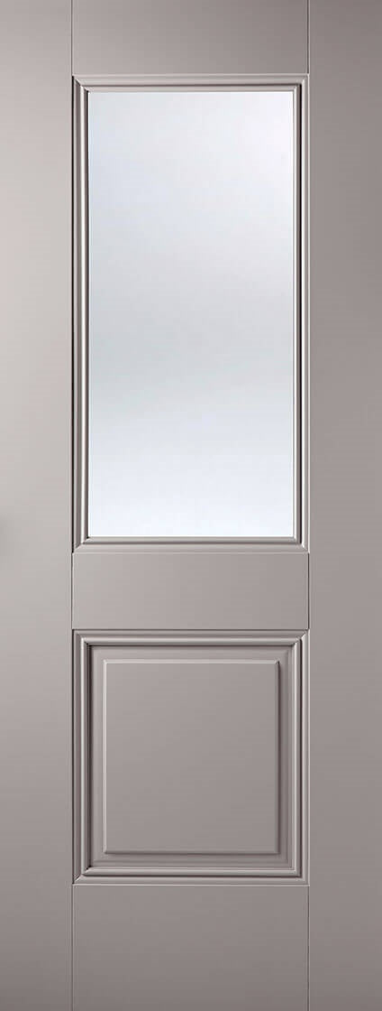 Arnhem 2 panel grey primed internal door with clear glass.