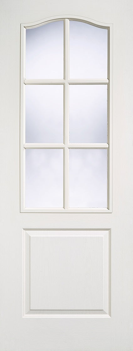 Classical  moulded 6 light Internal door, primed white, clear glass.