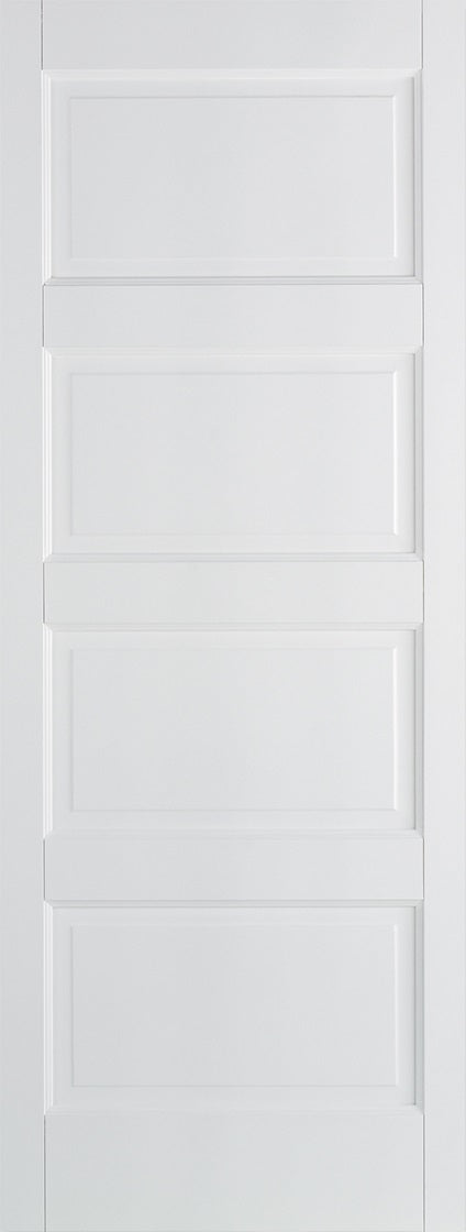 Contemporary 4 panel solid core door, white primed internal door.