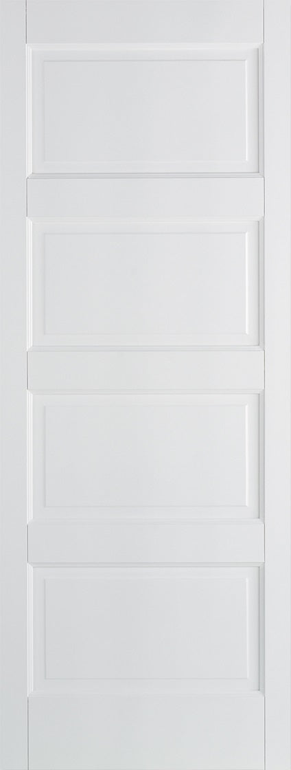 Contemporary 4 panel solid core door, white primed internal door.