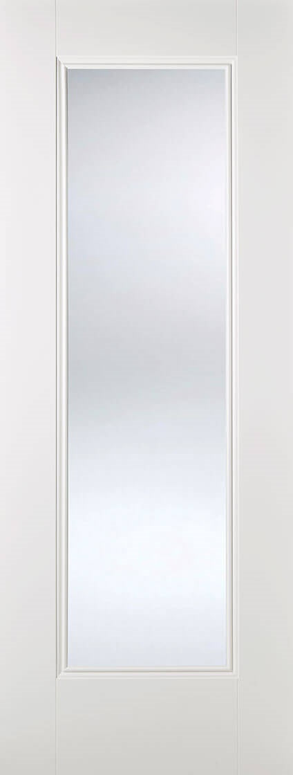 Einhoven white primed Internal door with clear glass.