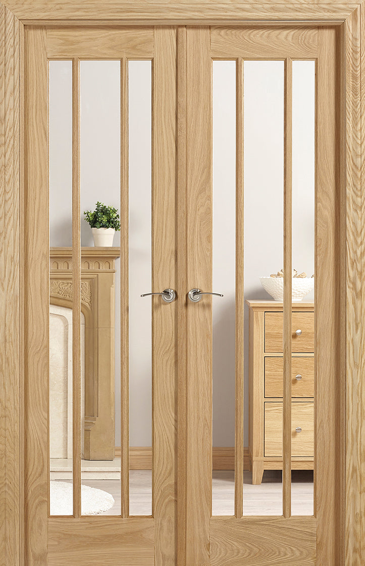 Mexicano Pattern 10 Oak Unfinished Rebated Pair Clear Glass With Frosted Lines