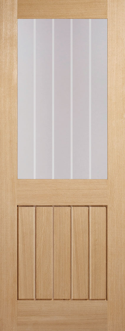 Mexicano Half Light oak Fire door, clear glass with frosted lines.