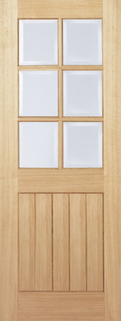 Mexicano 6 light internal oak door, unfinished, bevelled glass.