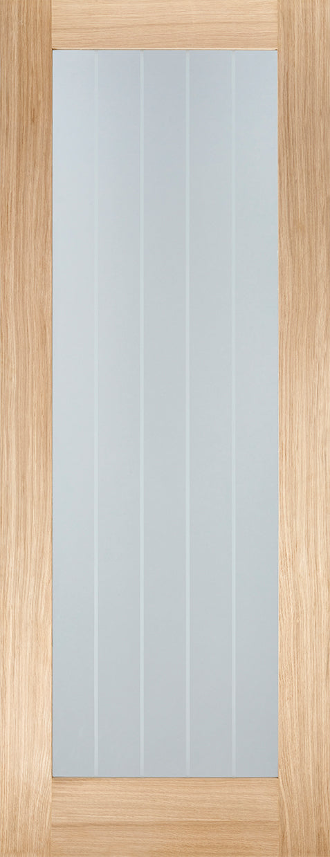 Mexicano oak Pattern 10 internal door with clear glass and froasted lines.
