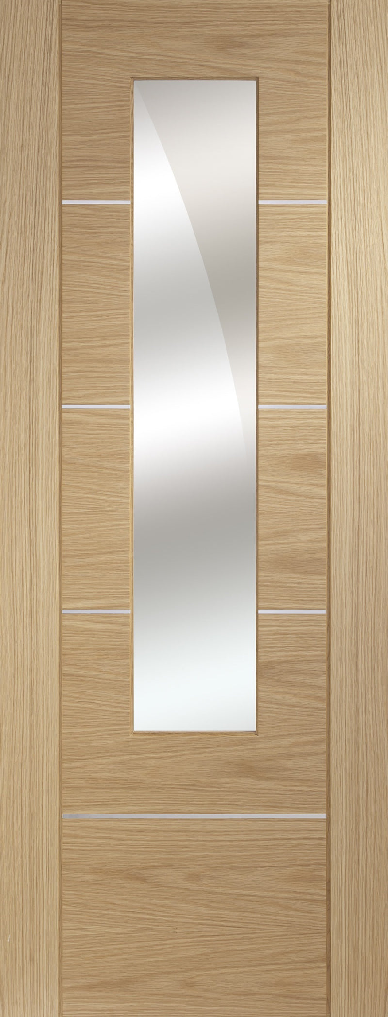 Portici prefinished oak internal door, with aluminium inlays and mirror.