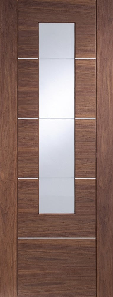 Portici walnut, with clear etched glass,and aluminium inlays.