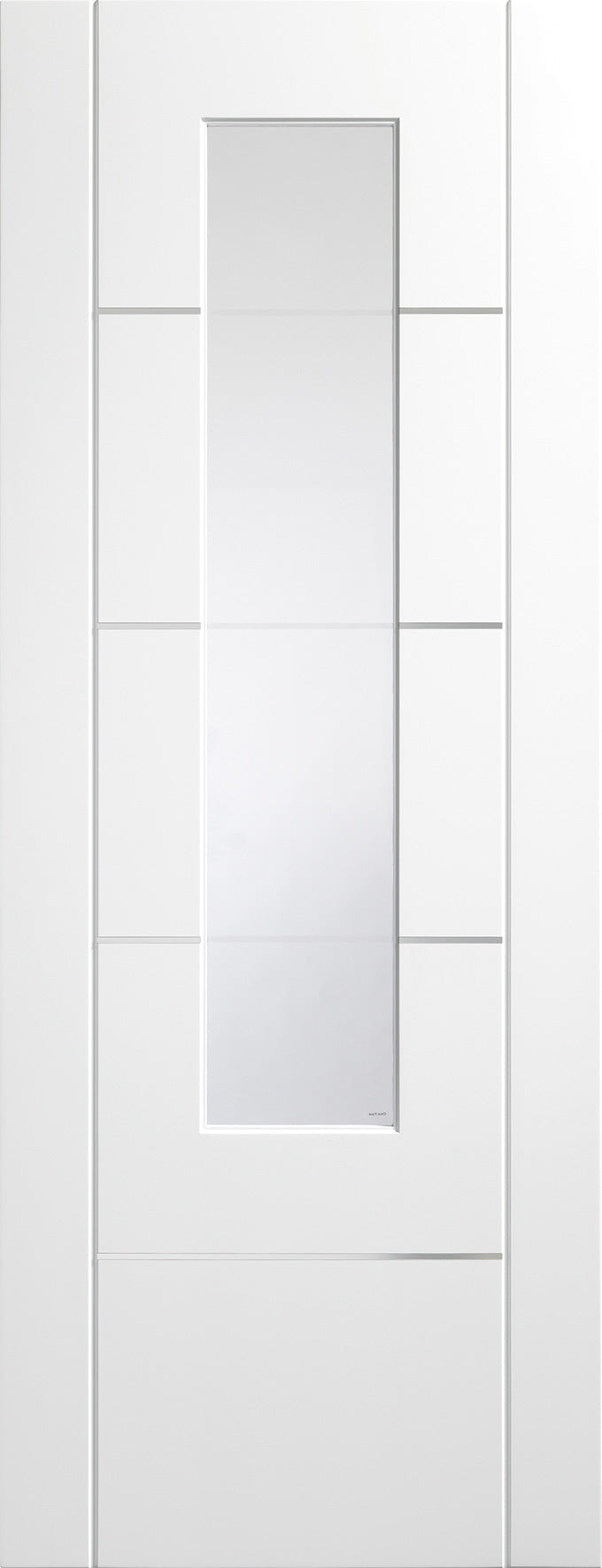 Portici prefinished white Internal door with clear etched glass.