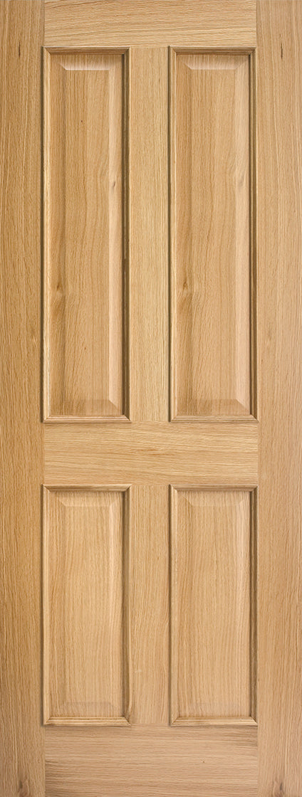 Regency 4 panel oak fire door with raised mouldings, unfinished.
