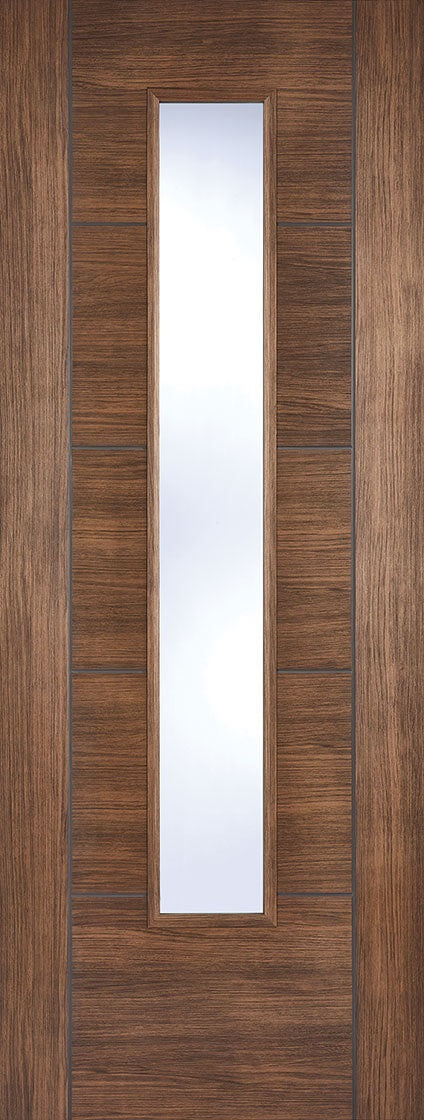 Vancouver walnut laminate internal door, with clear glass.
