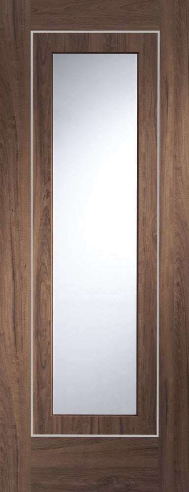 Varese walnut door with clear glass and aluminium inlays.